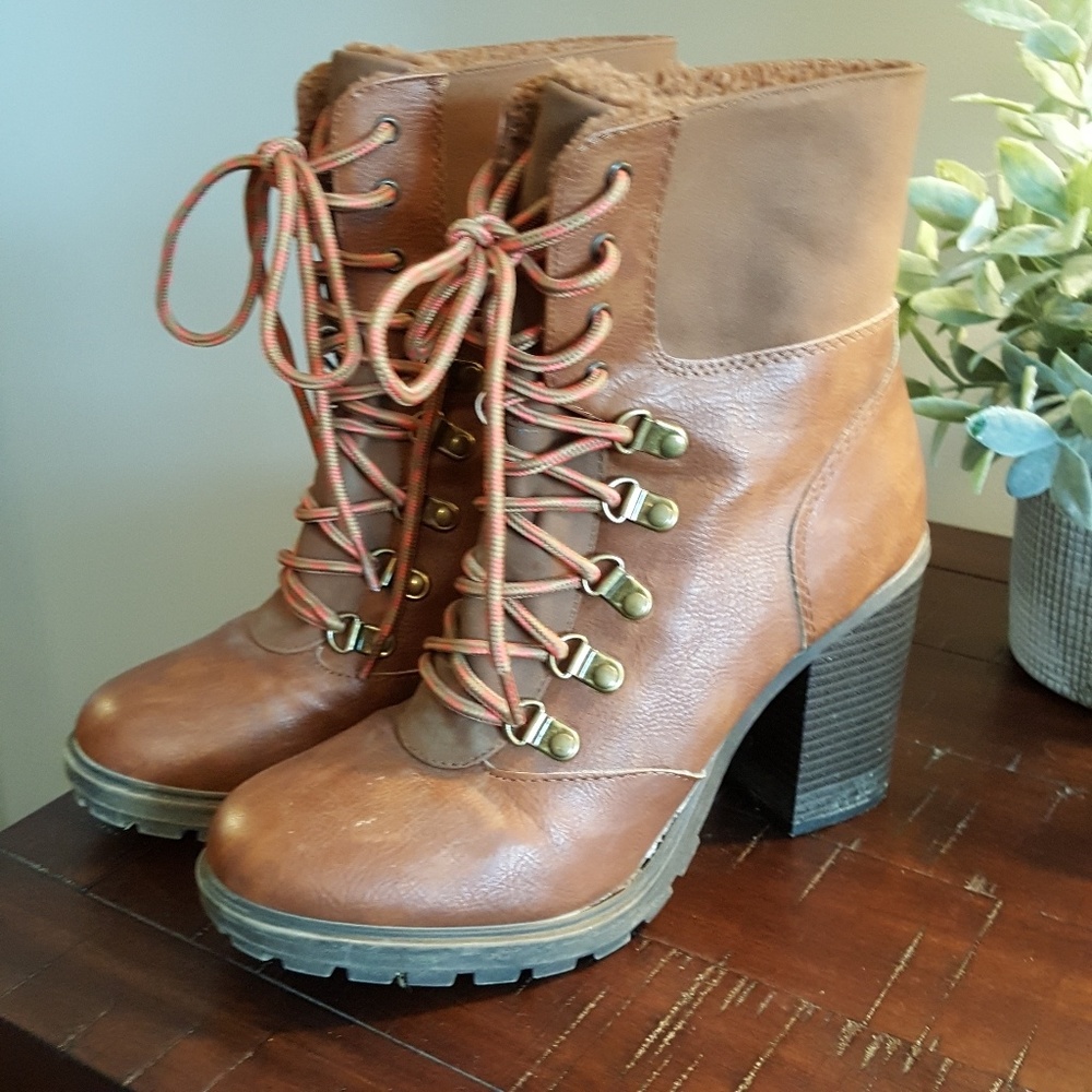 Brown Leather Utility Boots with Heel